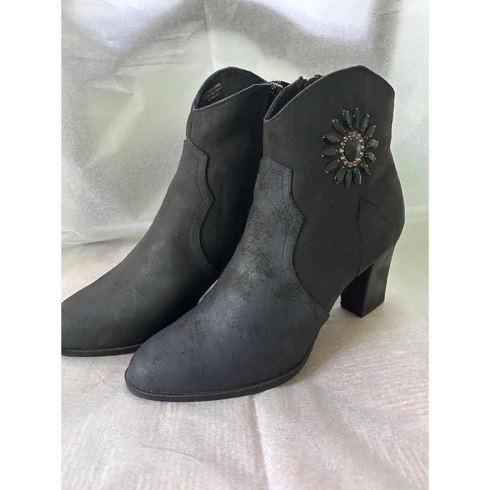 Black Embellished Heeled Booties Block Heel Rhinestone Flower Ankle‎ Boots